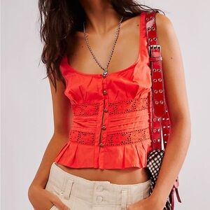 Free People Kianna Red Lace Button Tank Top